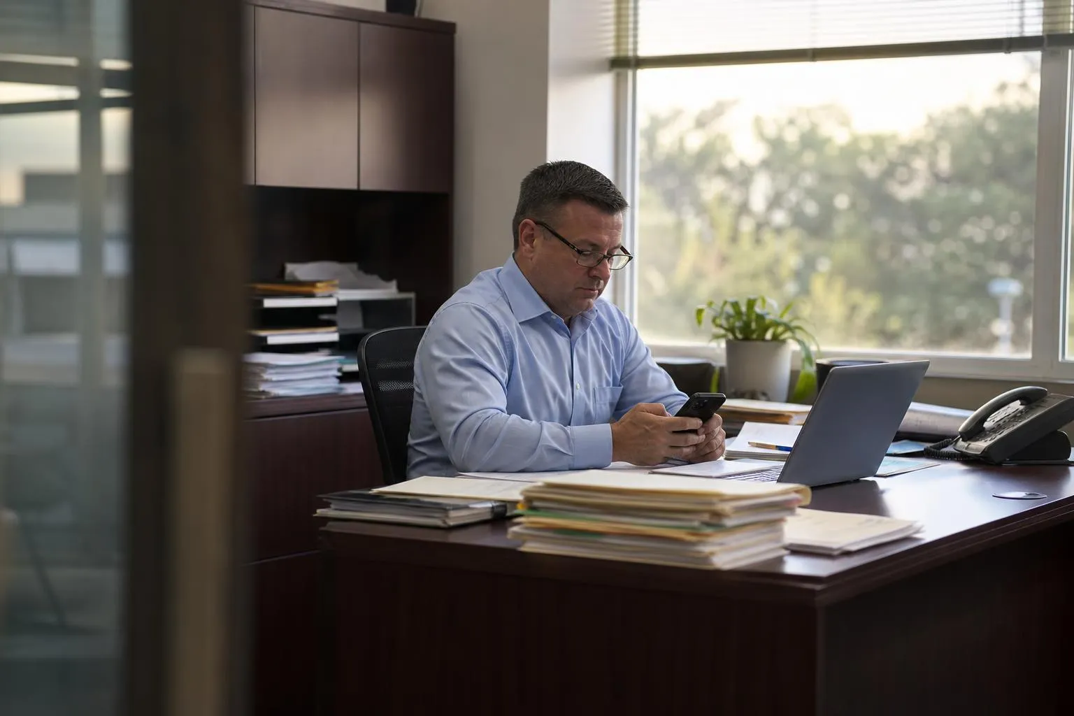 An accountant sits at his desk in a small office checking his phone during a quiet moment in late afternoon, with a stack of folders and a laptop open in front of him, in a natural documentary style.
