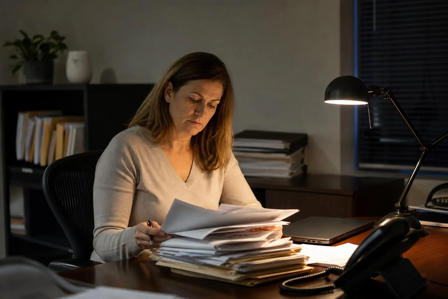 An accountant sits at her desk after hours reviewing a stack of client files beside a quiet phone, in a natural documentary style.