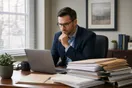 A CPA at a tidy desk checking a laptop beside stacked tax folders in a quiet office window-lit at early morning.
