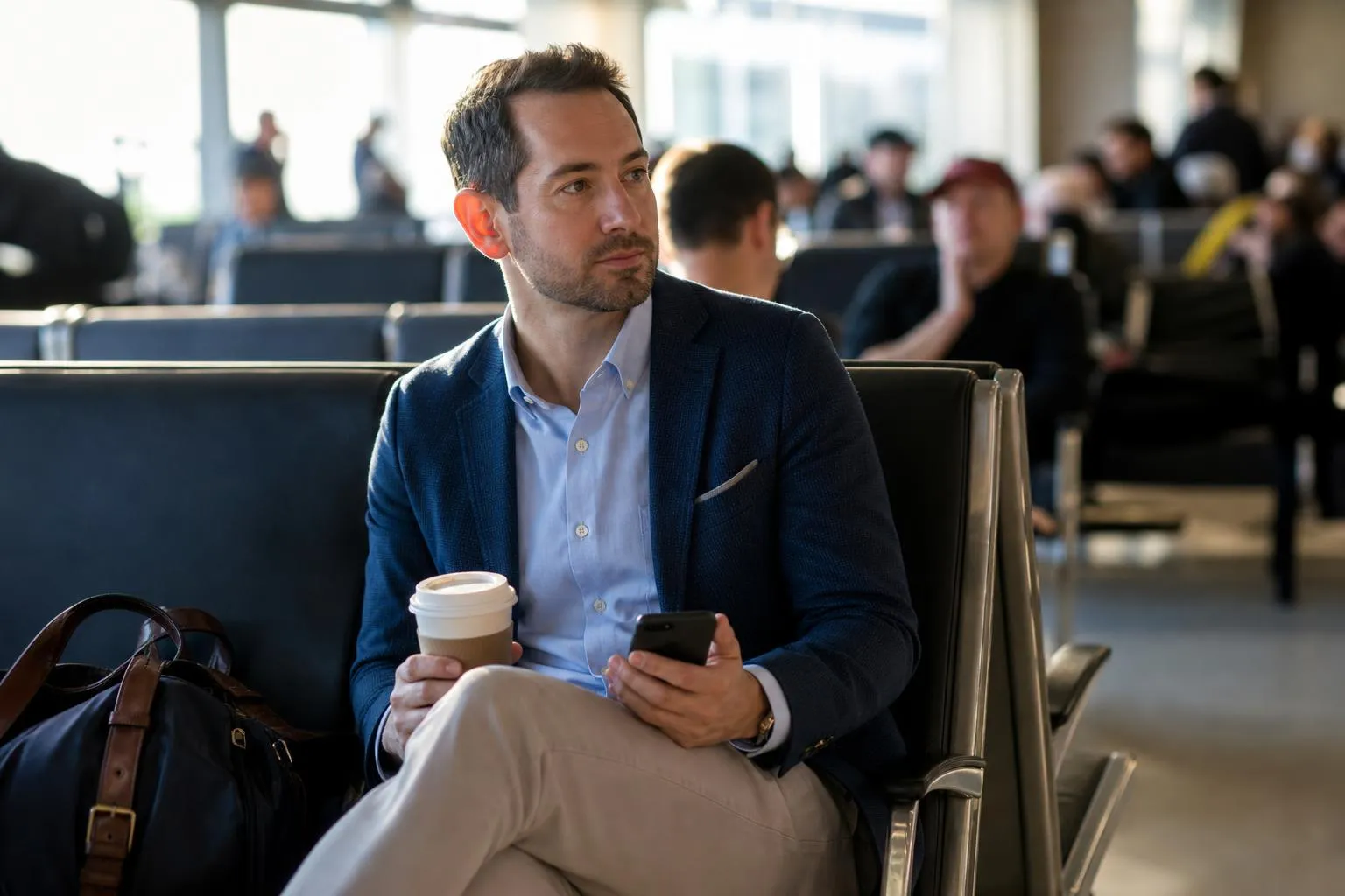 A person in business casual clothing checks a phone while waiting near airport gate seating, photographed in a natural documentary style.