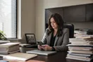 A CPA sits at her desk checking her phone between appointments, tax folders stacked on the desk, late afternoon light through the office blinds.