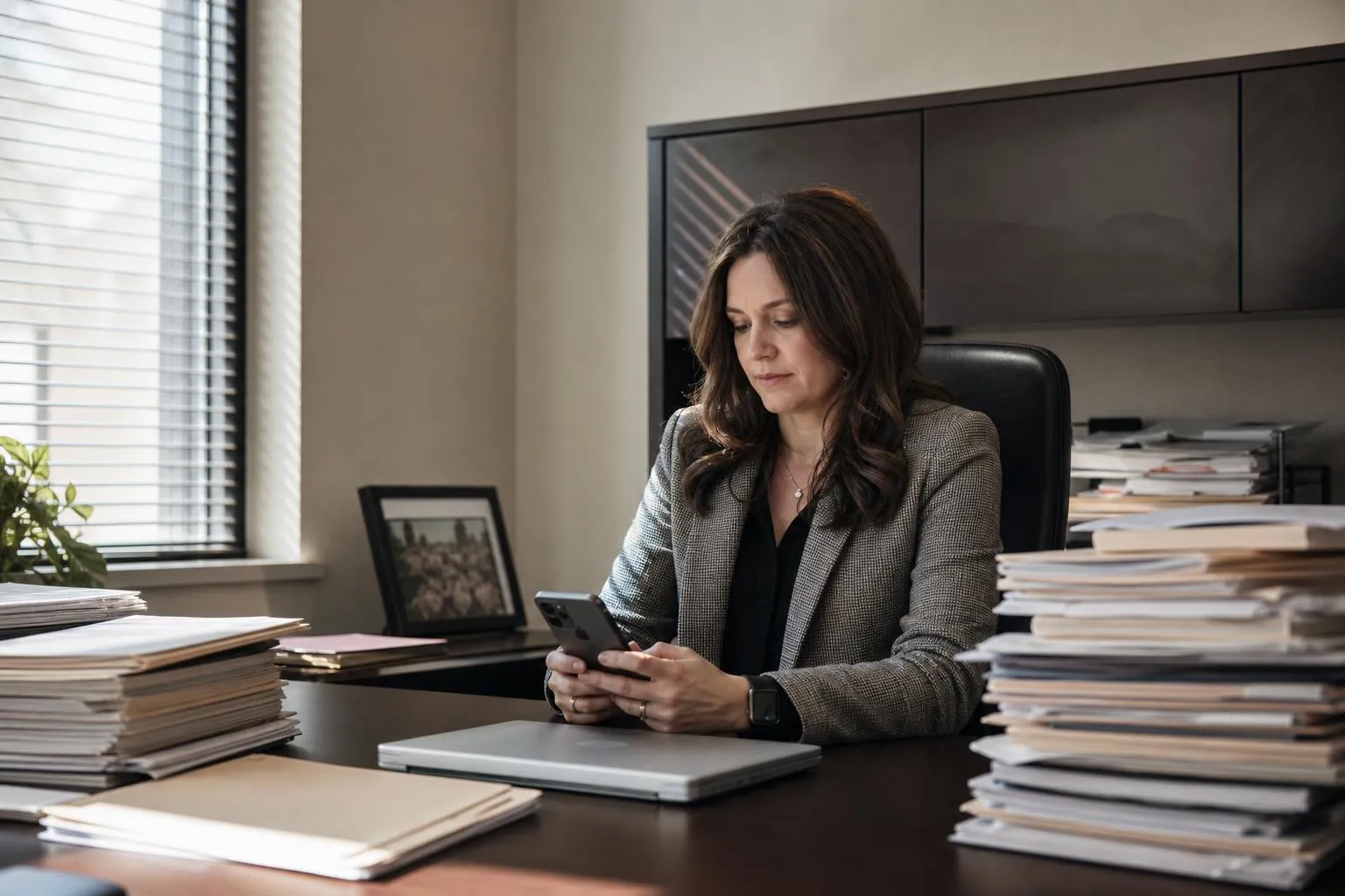 A CPA sits at her desk checking her phone between appointments, tax folders stacked on the desk, late afternoon light through the office blinds.