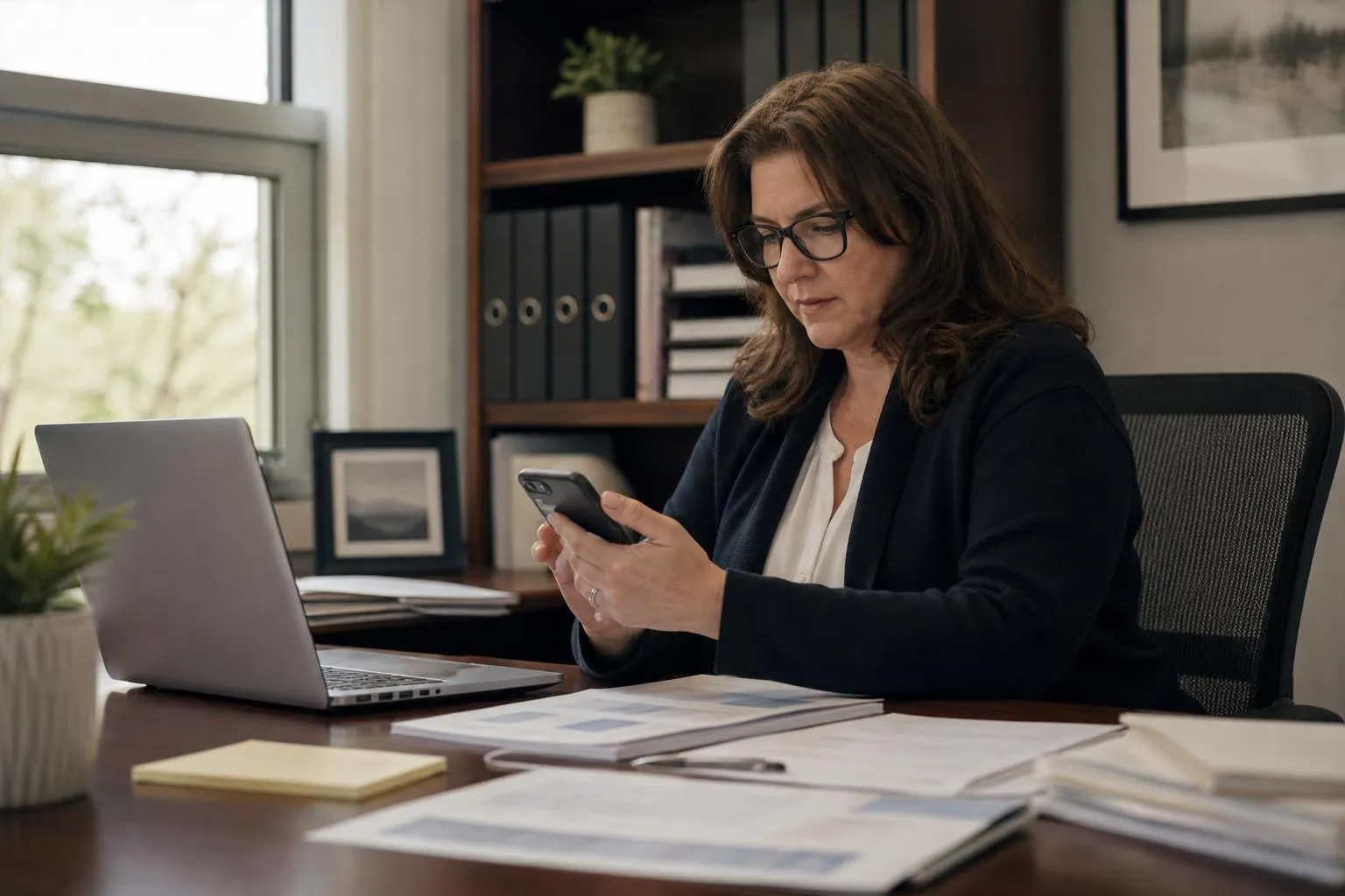 An accountant checks a phone at a tidy desk with a laptop and paperwork in a small office, morning light through the window, documentary style.