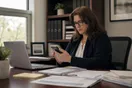 An accountant checks a phone at a tidy desk with a laptop and paperwork in a small office, morning light through the window, documentary style.