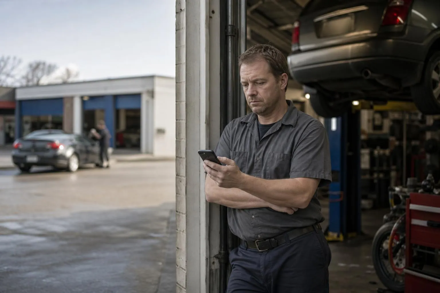 A shop owner stands in his empty repair bay checking his phone, the roll-up door open to a quiet parking lot behind him, in a natural documentary style.