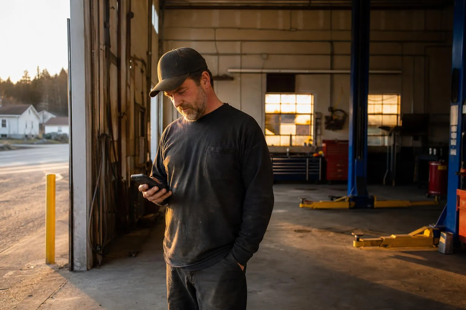 An auto repair shop owner stands beside an empty bay at closing time checking his phone for missed messages, in a natural documentary style.