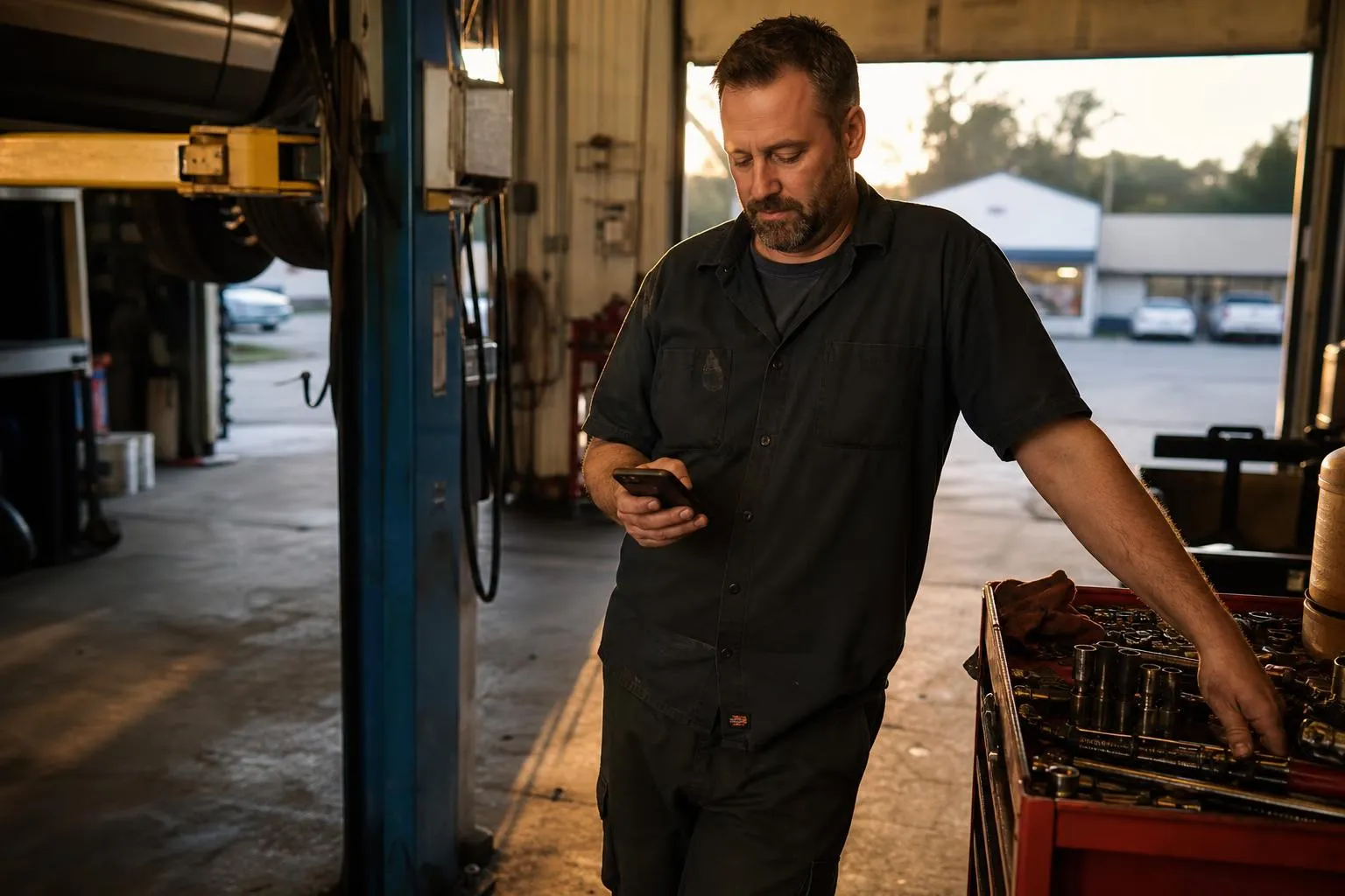 An auto repair shop owner leaning against a lift bay, checking his phone next to an open hood at closing time.
