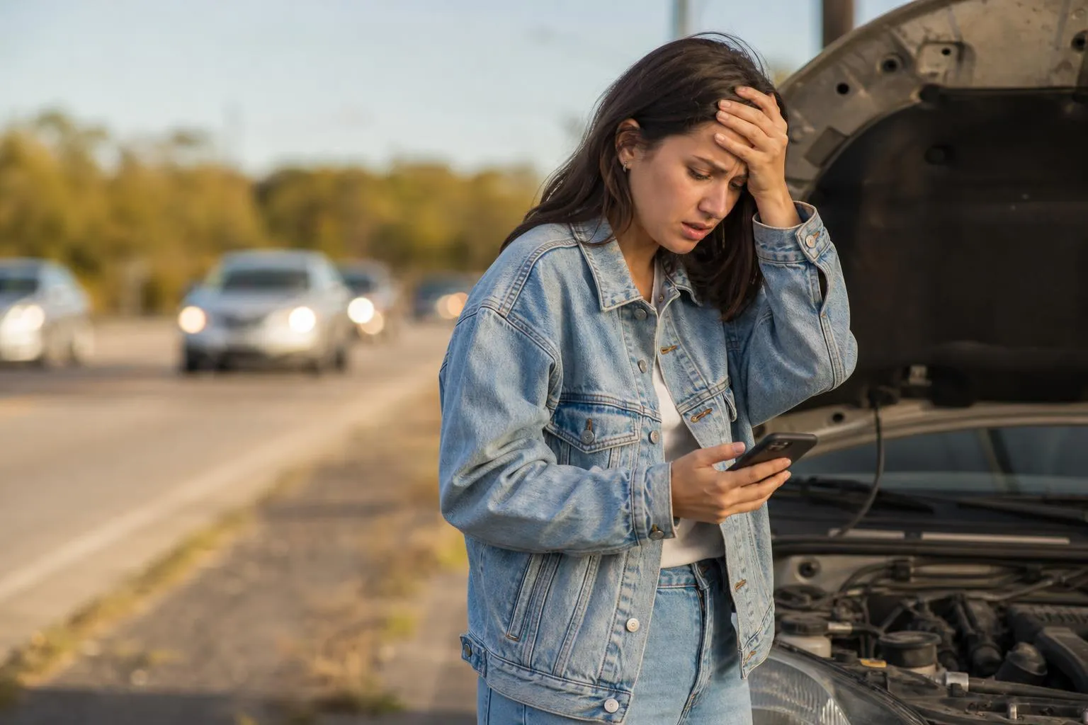 A woman stands on a highway shoulder beside her car with the hood raised, phone held to her ear, morning traffic blurred behind her, photographed in a natural documentary style.