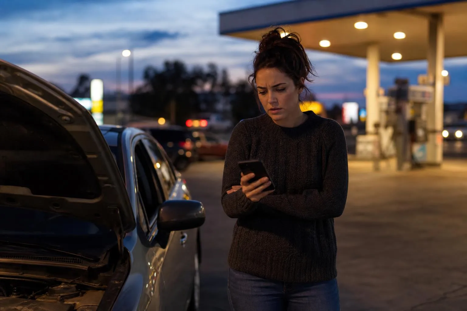 A woman stands beside her car in a gas station parking lot at dusk, checking her phone after the engine started making a strange noise.