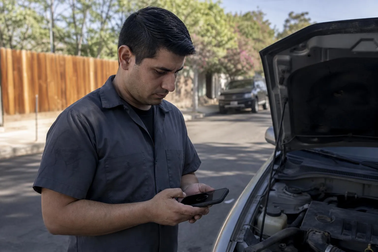 A driver stands beside a car with the hood up on a residential street, looking at their phone waiting for a page to load, in natural daylight.