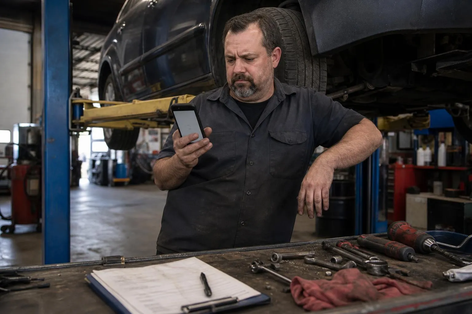 A shop owner leans against a lifted car in the bay, frowning at a slow-loading page on his phone while a paper invoice pad sits on the toolbox nearby, in a natural documentary style.