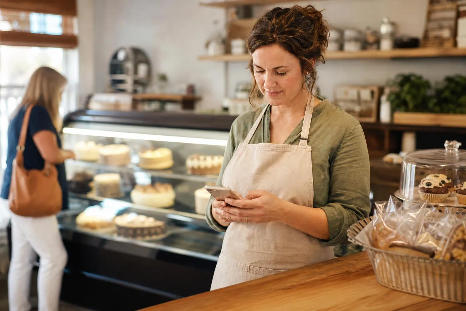A baker stands at the front counter of her shop checking her phone during a quiet moment while a customer browses the display case, in a natural documentary style.