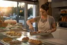A bakery owner stands at her display case counting the day's leftover pastries after closing, in a natural documentary style.