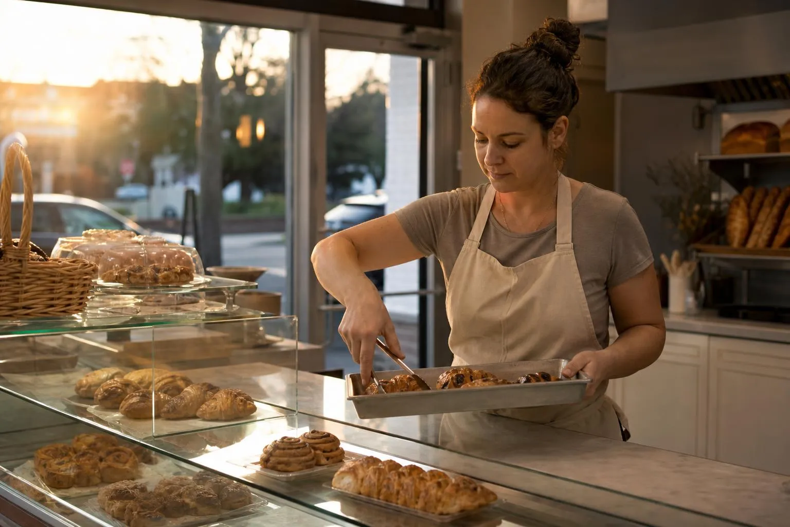 A bakery owner stands at her display case counting the day's leftover pastries after closing, in a natural documentary style.