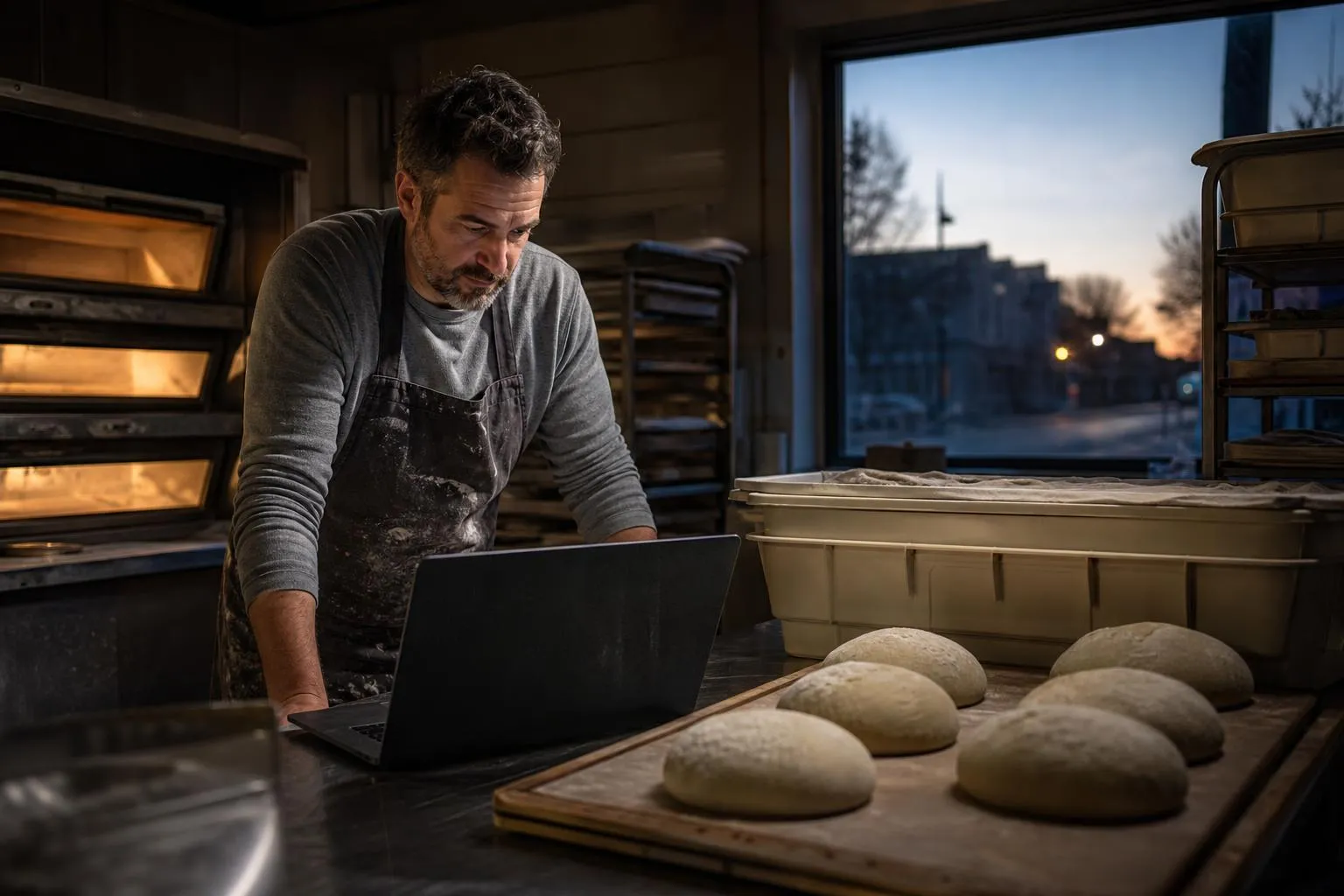 A bakery owner in a flour-dusted apron checking a laptop propped on a stainless counter before sunrise, proof boxes glowing behind her.