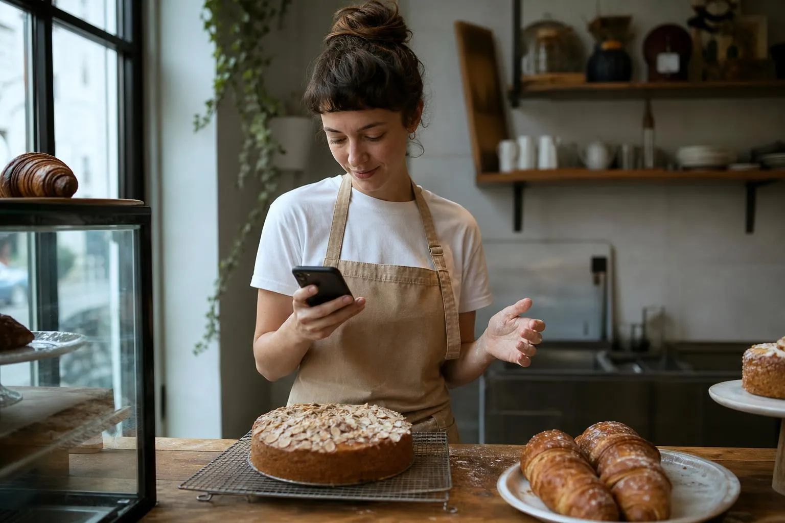 A baker wipes flour from her hands and checks her phone at the counter of a small bakery in the early morning light.
