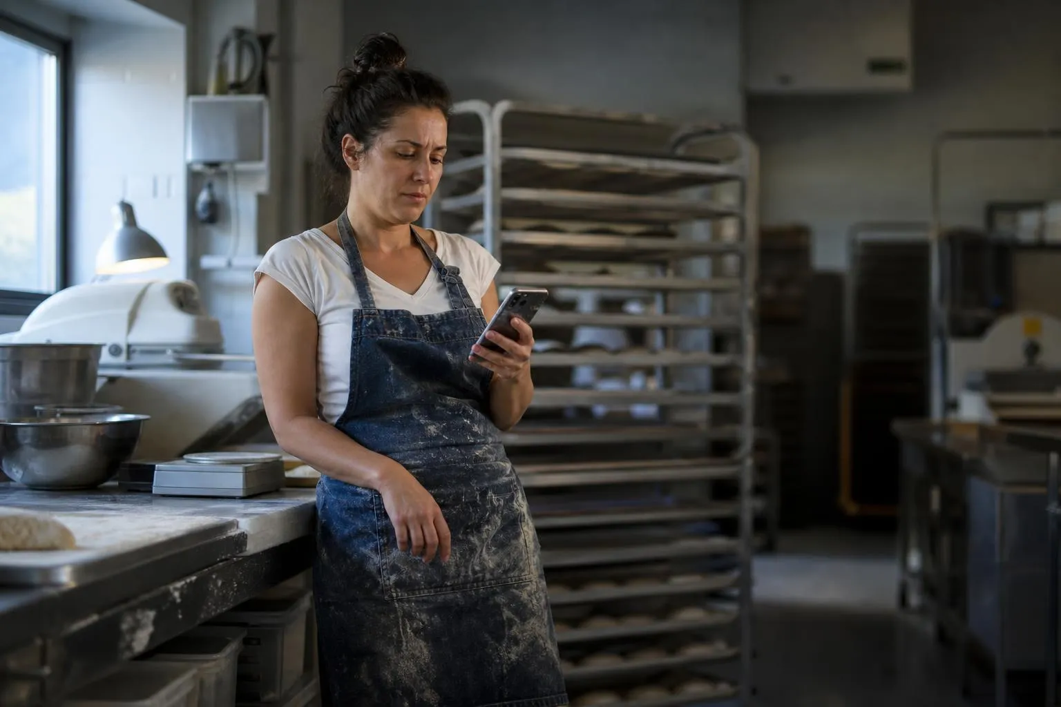 A baker in a flour-dusted apron leans against a stainless prep counter checking a slow-loading page on her phone before dawn, in a natural documentary style.
