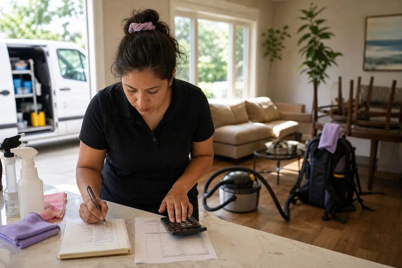 A cleaning business owner calculating an itemized quote at a counter with a notebook, in a natural documentary style.