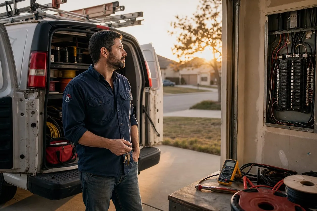 An electrician at the open doors of a freshly equipped work vehicle in early-morning light, keys in hand, in a natural documentary style.
