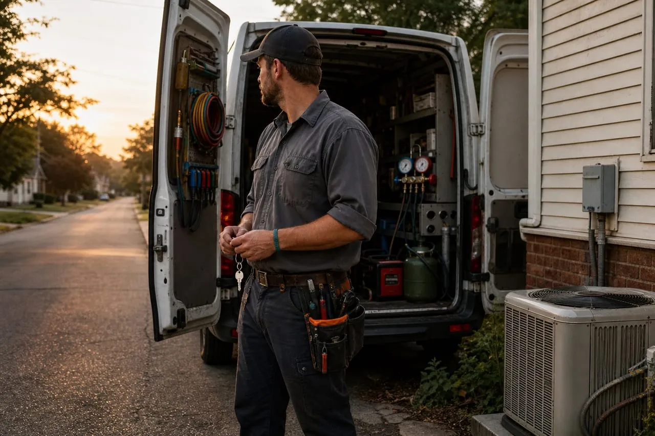 An HVAC technician at the open doors of a freshly equipped work vehicle in early-morning light, keys in hand, in a natural documentary style.