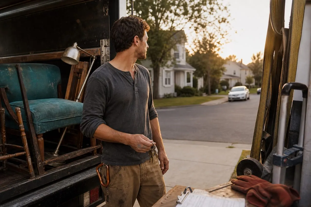 A junk removal operator at the open doors of a freshly equipped work vehicle in early-morning light, keys in hand, in a natural documentary style.