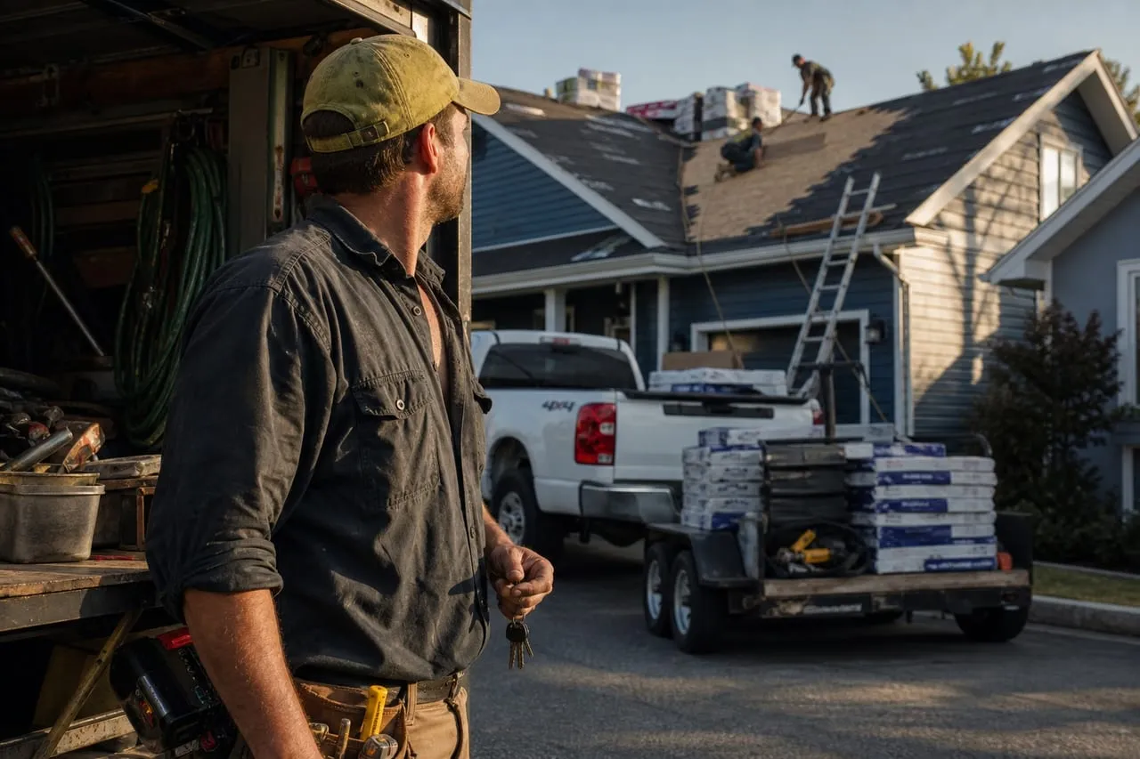 A roofing contractor at the open doors of a freshly equipped work vehicle in early-morning light, keys in hand, in a natural documentary style.