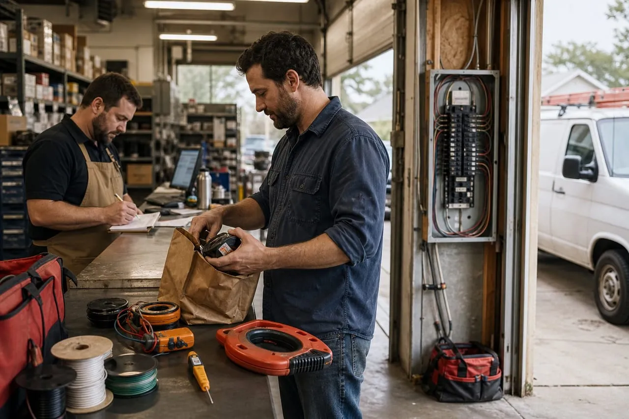 An electrician unpacking new tools at a supply-house counter, in a natural documentary style.