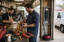 An electrician unpacking new tools at a supply-house counter, in a natural documentary style.