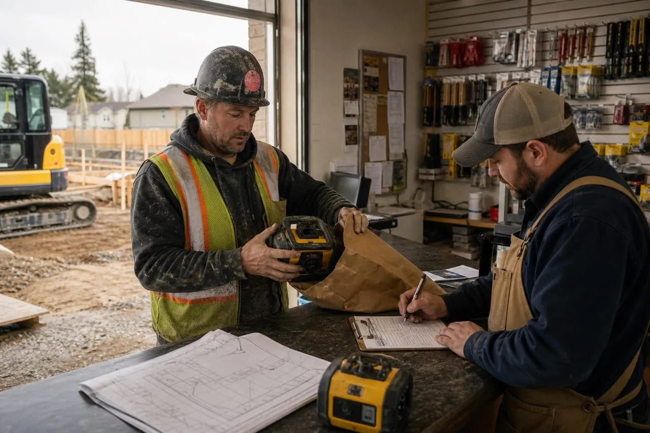 A site contractor unpacking new tools at a supply-house counter, in a natural documentary style.