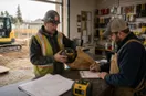 A site contractor unpacking new tools at a supply-house counter, in a natural documentary style.
