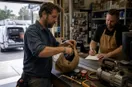 An HVAC technician unpacking new tools at a supply-house counter, in a natural documentary style.