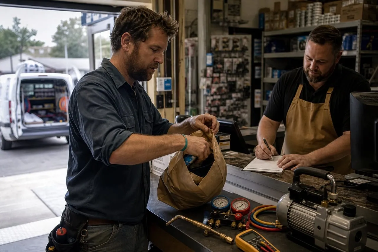 An HVAC technician unpacking new tools at a supply-house counter, in a natural documentary style.