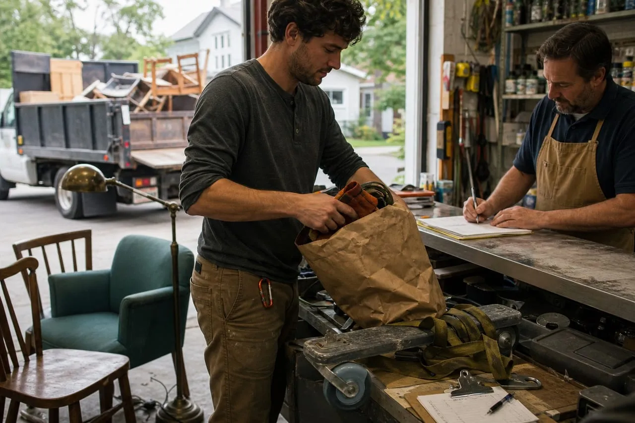 A junk removal operator unpacking new tools at a supply-house counter, in a natural documentary style.