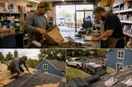 A roofing contractor unpacking new tools at a supply-house counter, in a natural documentary style.