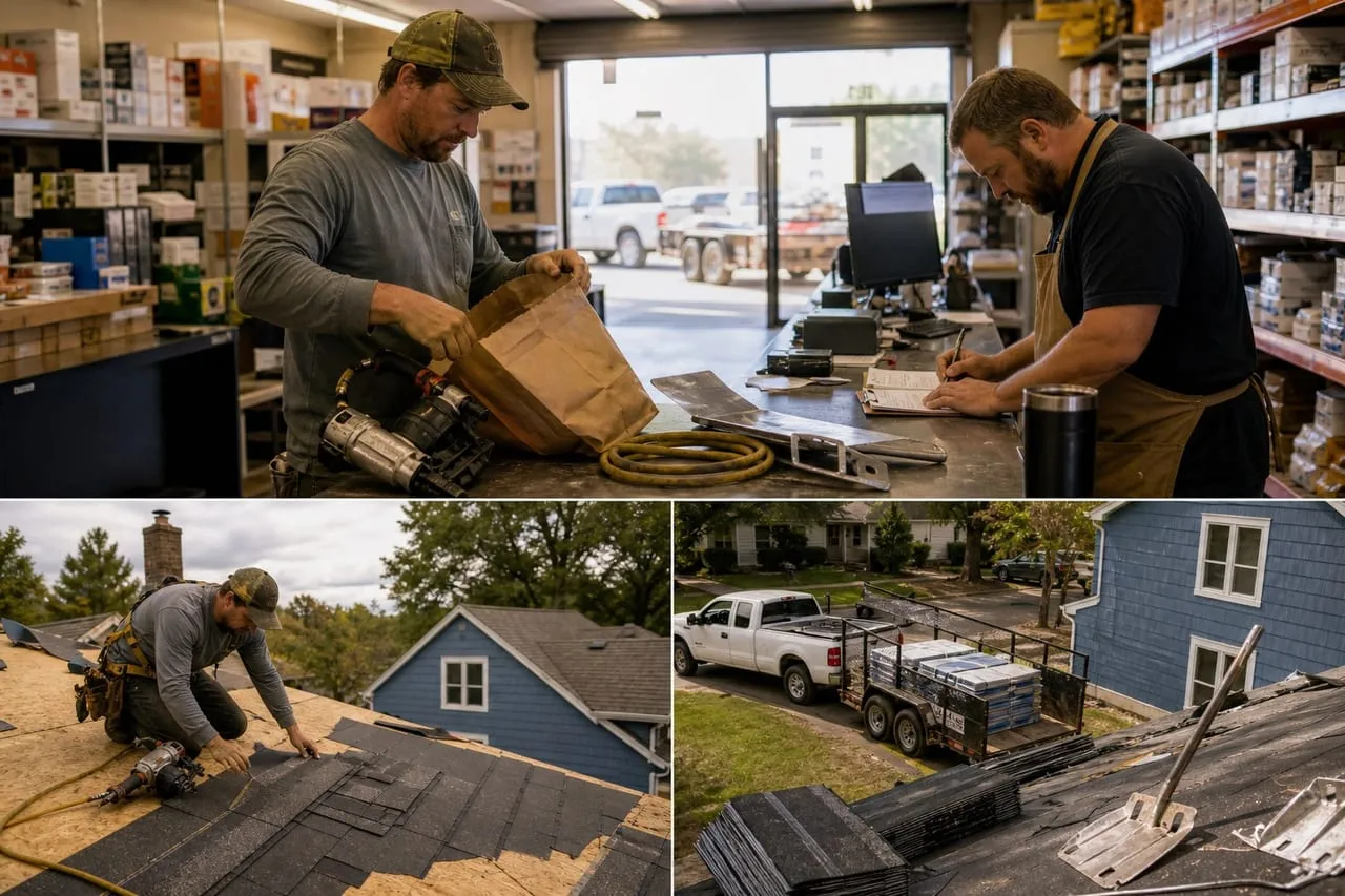 A roofing contractor unpacking new tools at a supply-house counter, in a natural documentary style.