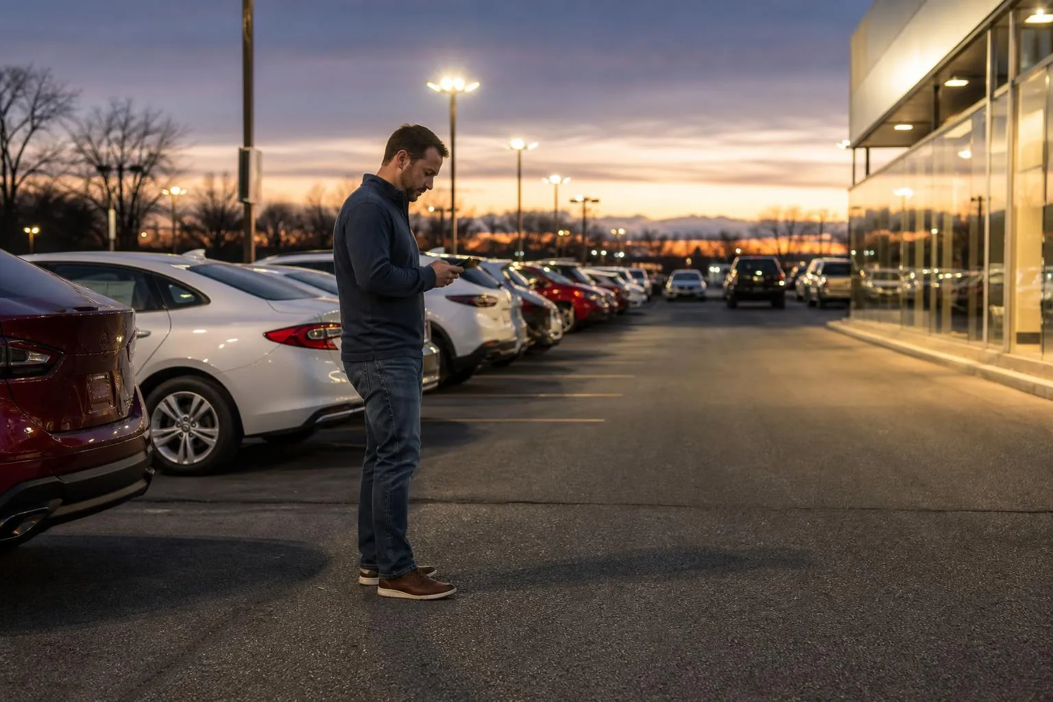 A car buyer sits in a parking lot outside a dealership at dusk, scrolling on their phone before walking in, with rows of vehicles softly lit in the background, in a natural documentary style.