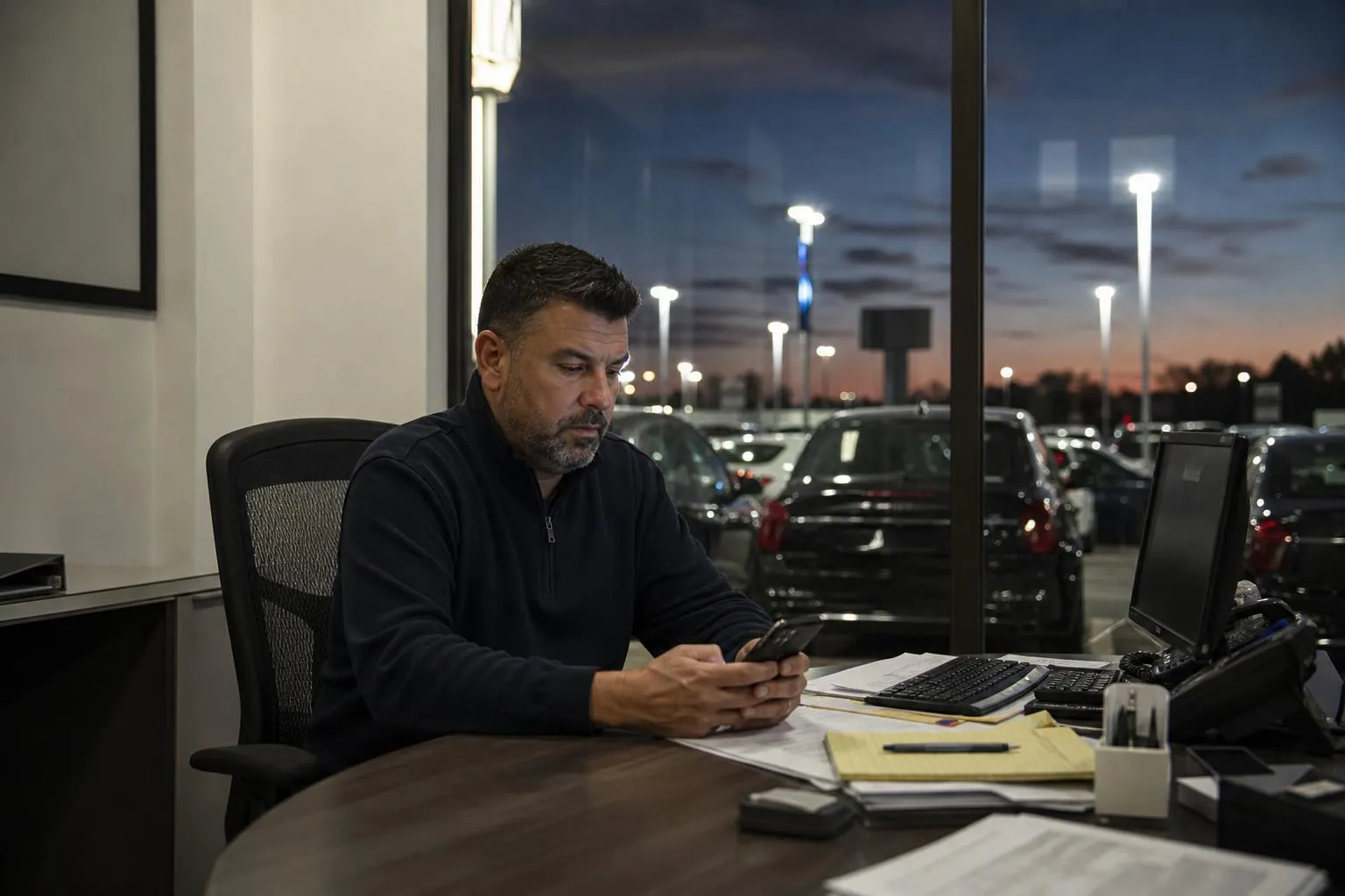 A car dealership owner checks a quiet phone at his desk overlooking a lit lot of cars at dusk, in a natural documentary style.