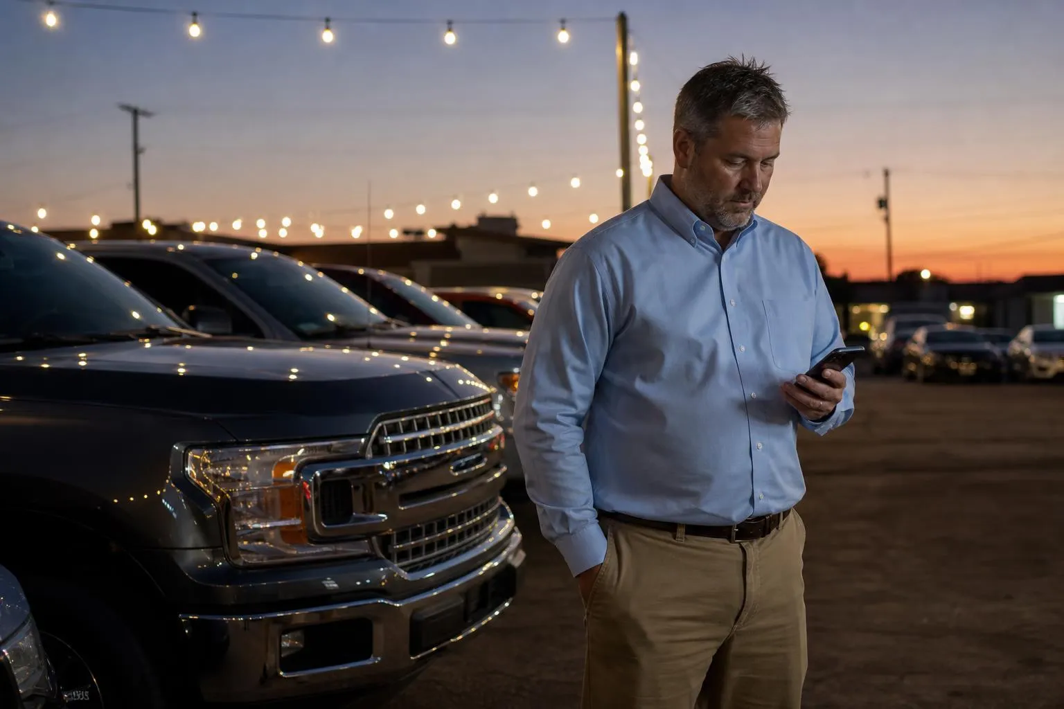 A car dealership owner standing on the lot at dusk, checking his phone beside a row of parked vehicles under the lot lights.