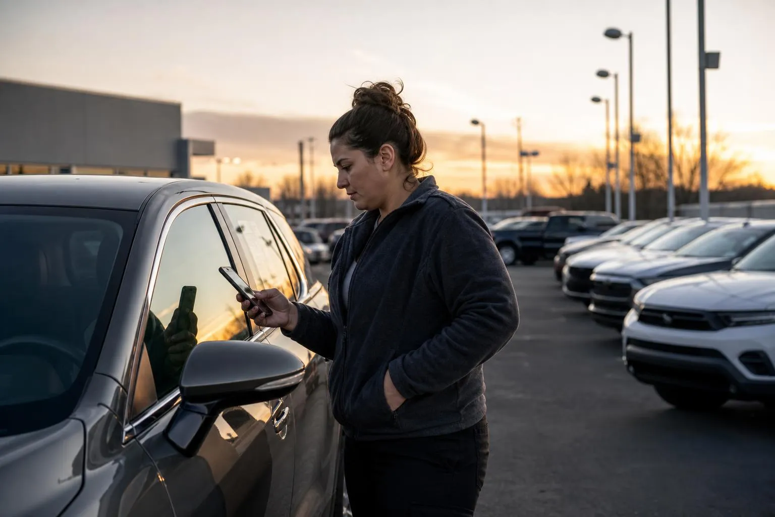 A person stands in a car dealership lot at dusk holding a phone up next to a vehicle window sticker, photographed in a natural documentary style.