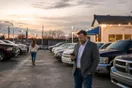 A car salesman stands near a row of used vehicles on the lot at dusk, glancing at his phone as the last customer of the day leaves.