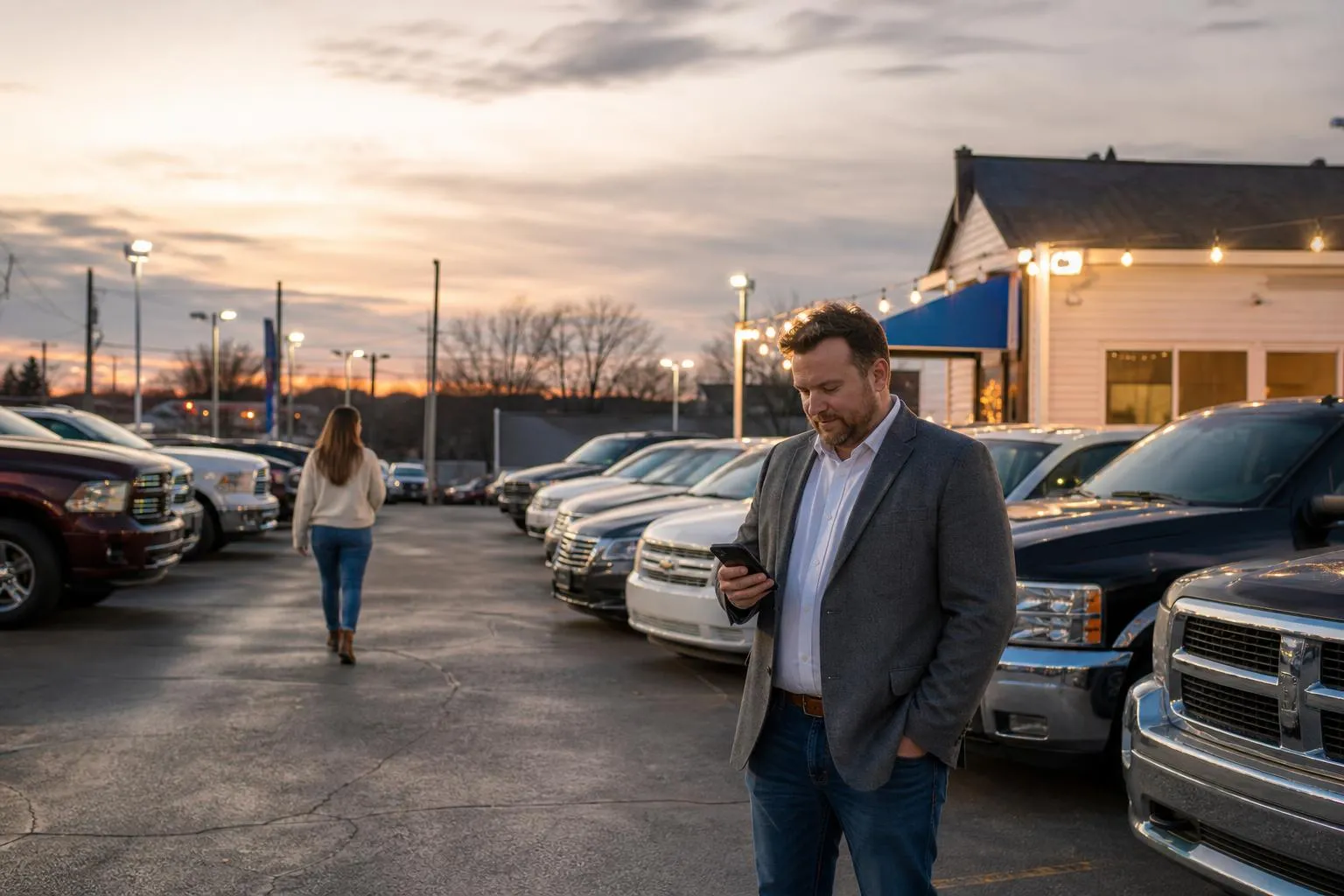 A car salesman stands near a row of used vehicles on the lot at dusk, glancing at his phone as the last customer of the day leaves.