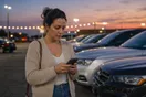 A car shopper stands on a dealership lot at dusk checking her phone next to a row of parked vehicles, waiting for a page to load, in natural documentary light.