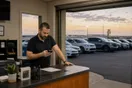 A car rental lot owner checks a phone at a small counter beside a row of parked vehicles at dusk, in a natural documentary style.