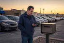 A car rental lot owner standing among parked vehicles at dusk, checking his phone near the return key drop box.