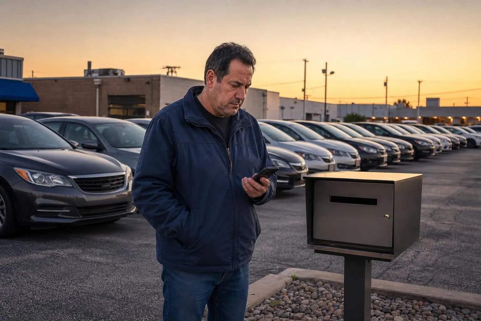 A car rental lot owner standing among parked vehicles at dusk, checking his phone near the return key drop box.