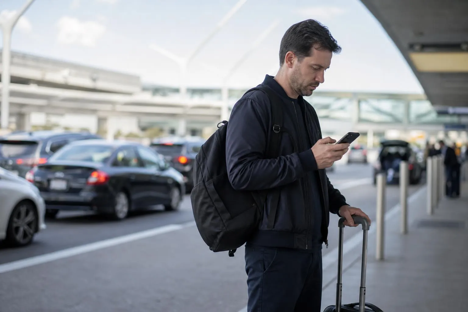 A traveler stands near an airport curb checking his phone with a rolling suitcase beside him, waiting for a page to load, in natural documentary light.