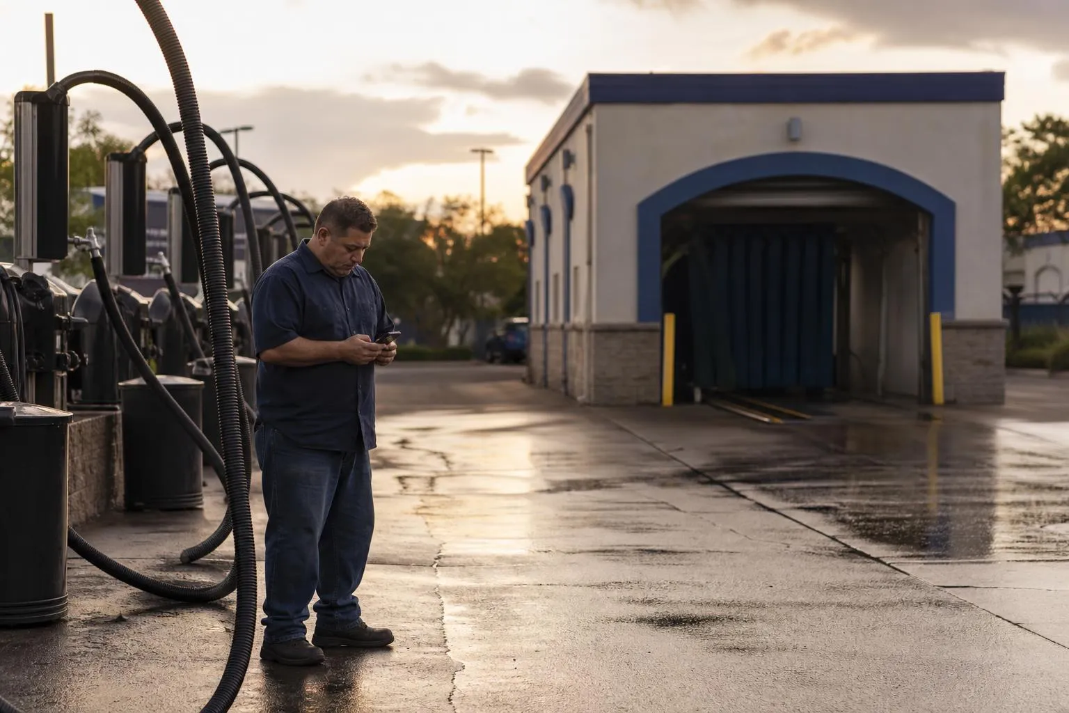 A car wash owner standing near the tunnel entrance at dusk, checking his phone beside the empty vacuum bays.