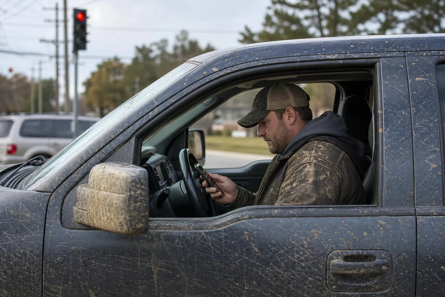 A driver sits behind the wheel of a muddy pickup at a red light holding a phone, photographed in a natural documentary style.