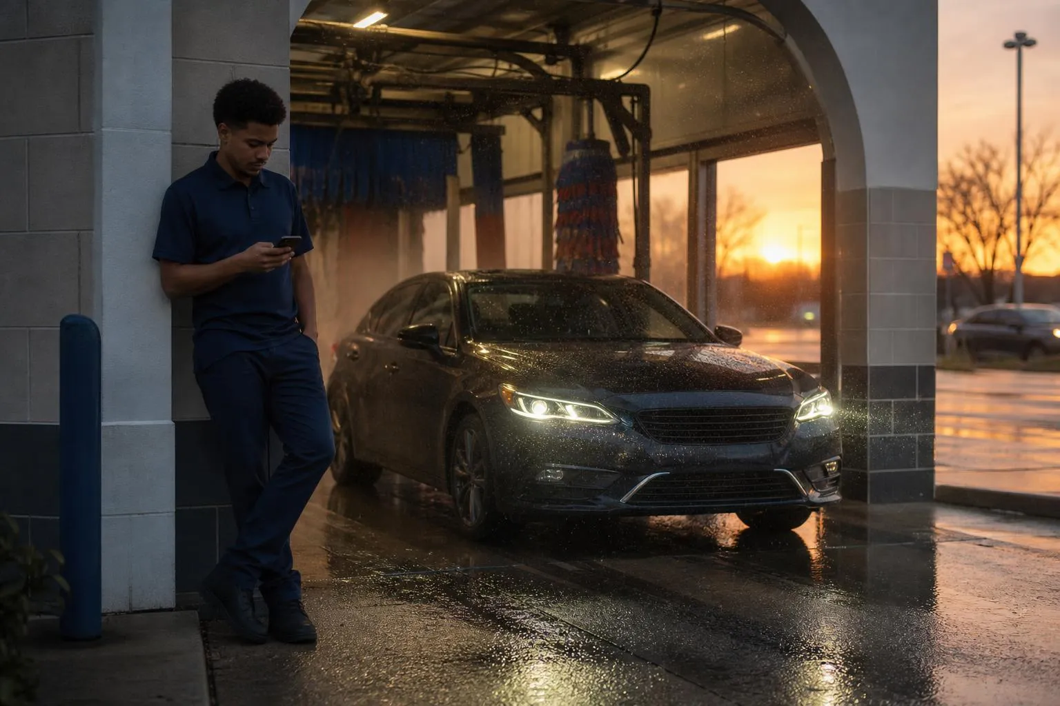 A car wash attendant leans against the entrance archway checking his phone as a customer's car exits the tunnel at dusk.