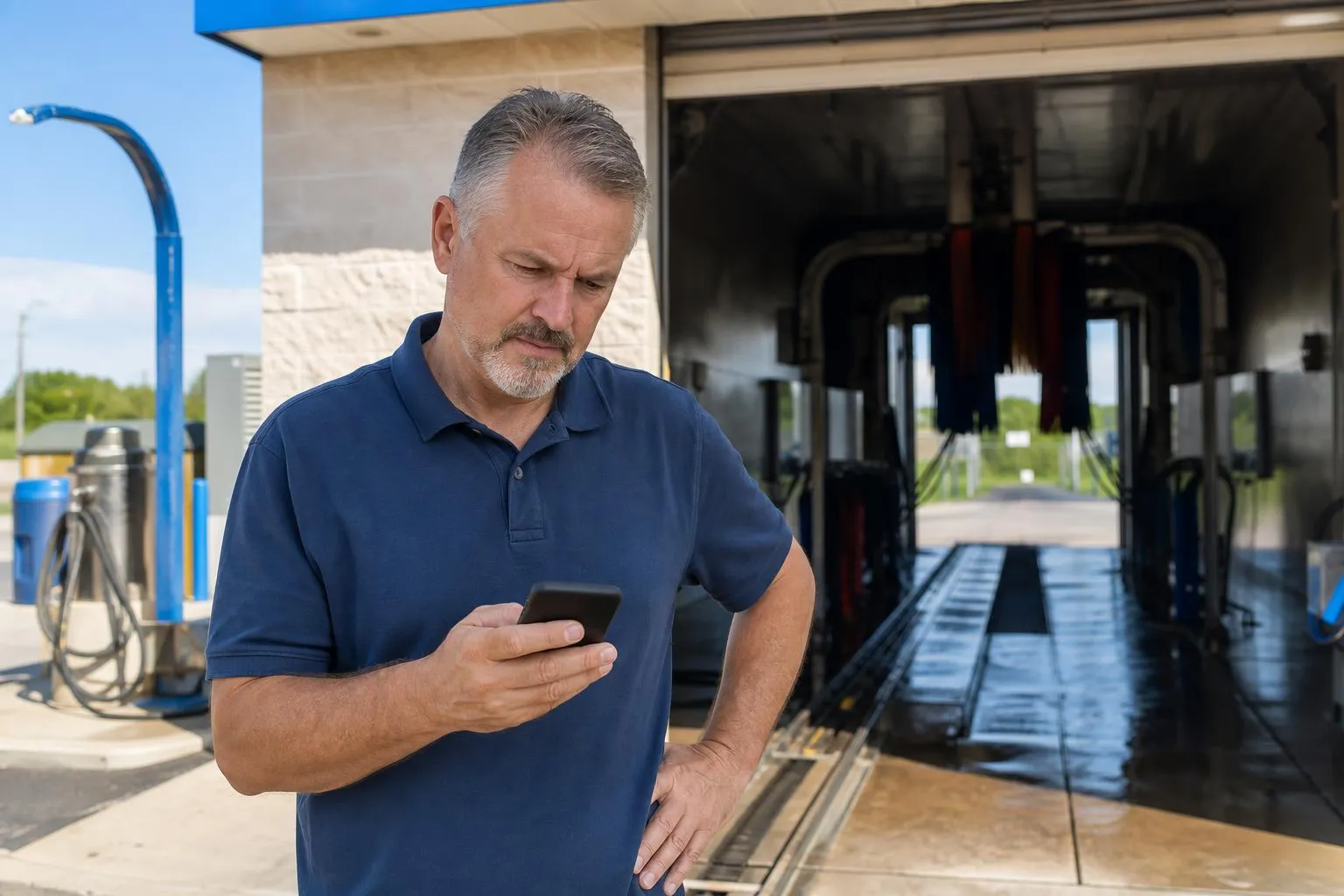 A car wash owner checks a slow-loading membership signup page on his phone near the tunnel entrance on a bright afternoon, documentary style.